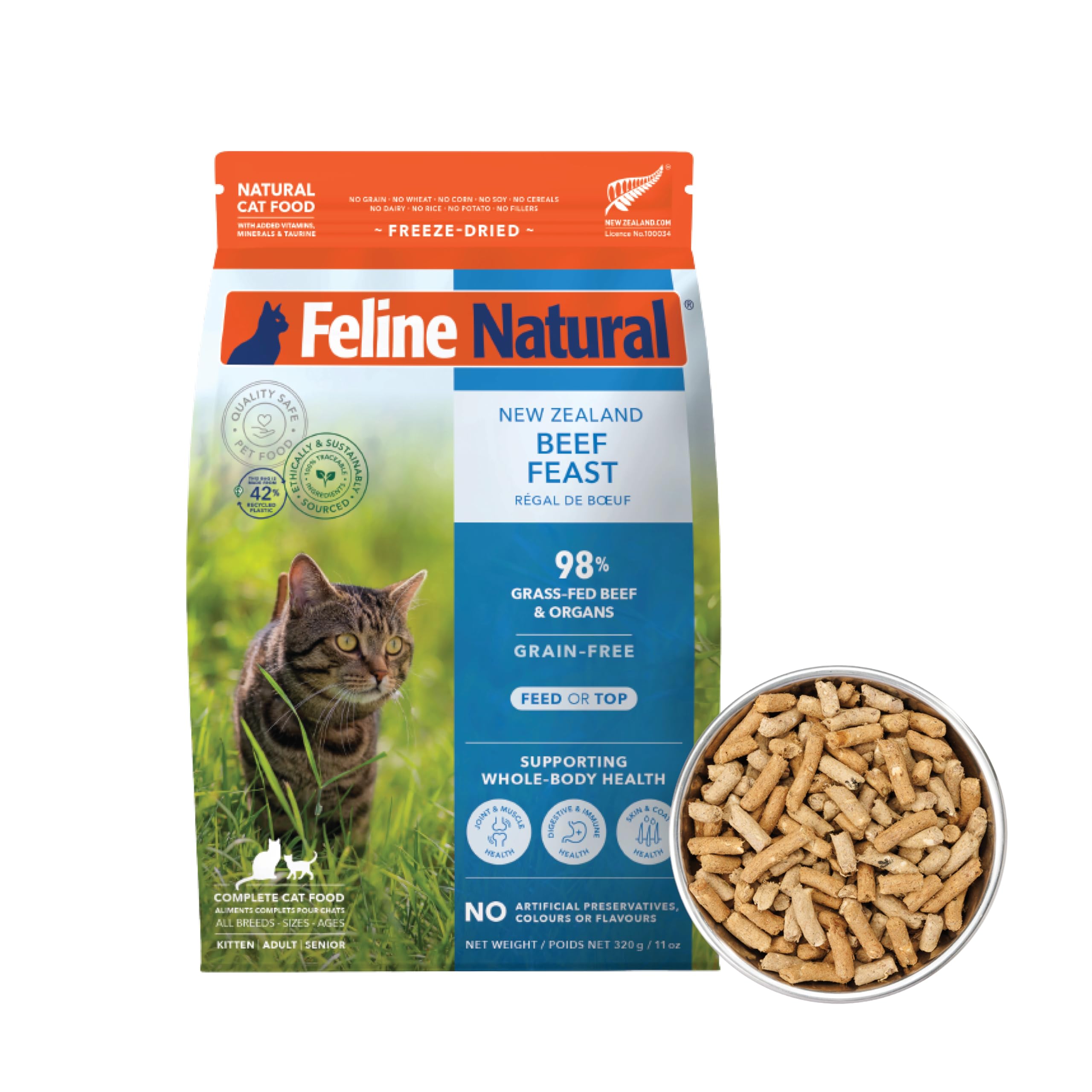 Feline Natural High Protein Dry Cat Food, Freeze-Dried Diet with 98% Meat, Organs & Seafood, No Peas, Grains, or Artificial Additives, Made in New Zealand, Beef, 11oz