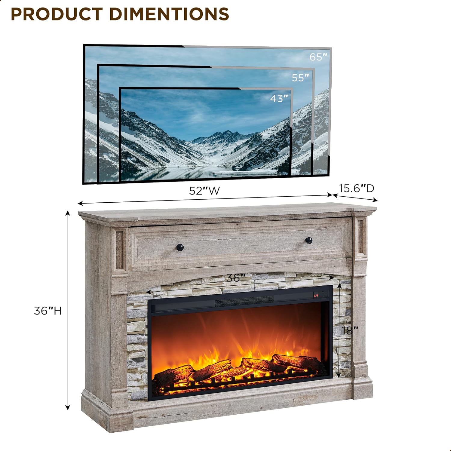 Diagram showing the dimensions of the OKD 52-inch Farmhouse Electric Fireplace: 52 inches wide, 15.6 inches deep, and 36 inches high.