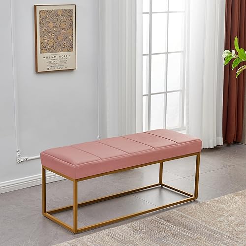 Miniatura 14 de Banco de metal de terciopelo, banco tapizado en el extremo de la cama con marco de metal, moderno banco de entrada de canal copetudo con asiento