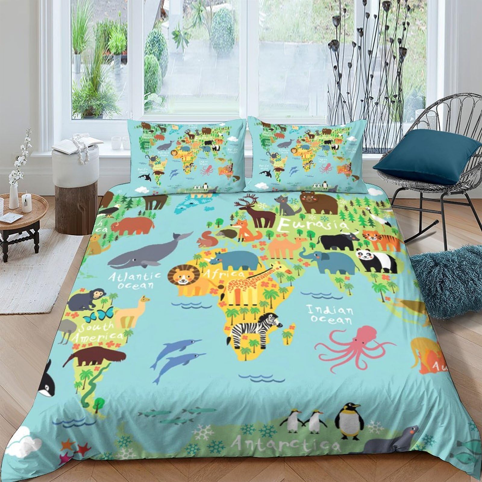 Ctjqhvkz Style-6 3D Printed World Map Animals Fitted Sheet Microfiber Soft Blue Bed Cover For Bedroom Guest Room Easy Care Single（135X200cm）