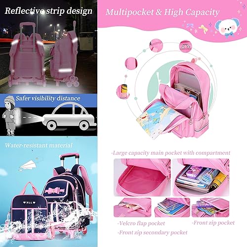 Miniatura 4 de Mochila con ruedas para niñas, lindas bolsas de carrito para escuela primaria, con ruedas, mochila con ruedas para niños con bolsa de almuerzo