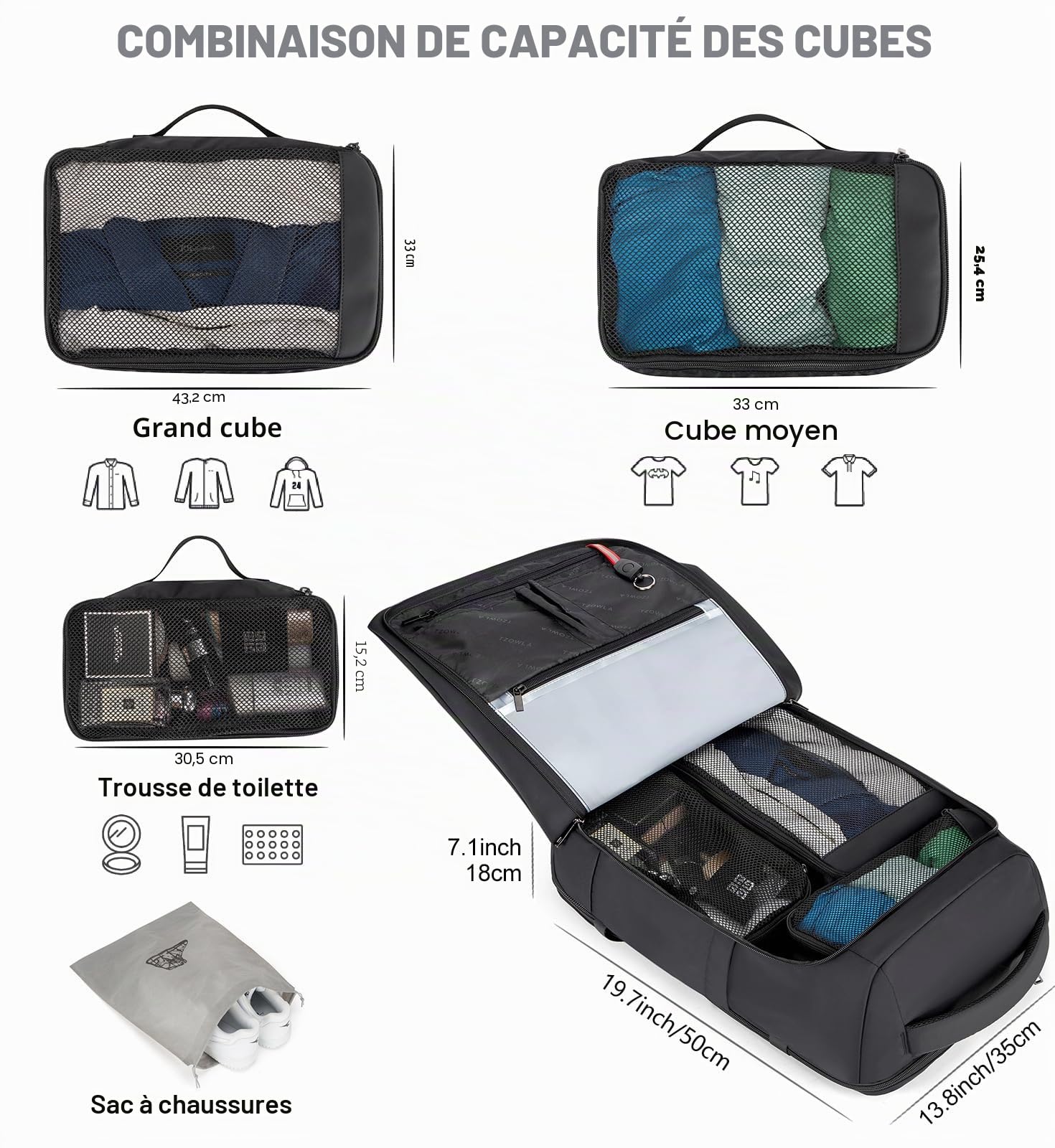 Tzowla Sac a Dos Voyage Cabine Avion 40L pour Ordinateur Portable pour Homme et Femme,Sac à Dos de Etanche Grande Capacité Antivol Avec Port de USB,Sac à Dos PC Portable de 17,3 Pouces, Noir