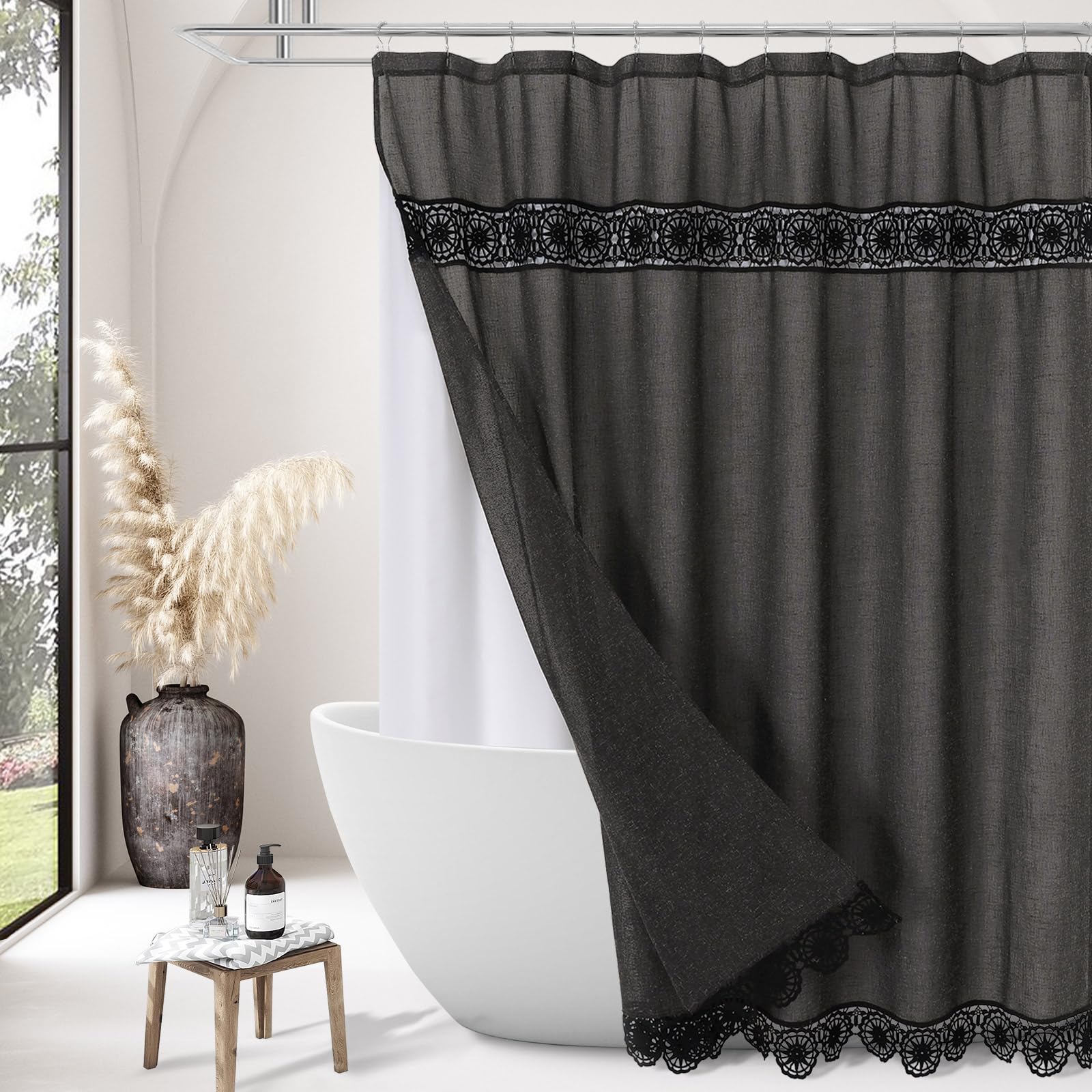 Gibelle Boho Farmhouse Shower Curtain Set, Linen Cotton Fabric Shower Curtain with Macrame Lace Decor, Modern Bohemian French Country Chic Bathroom