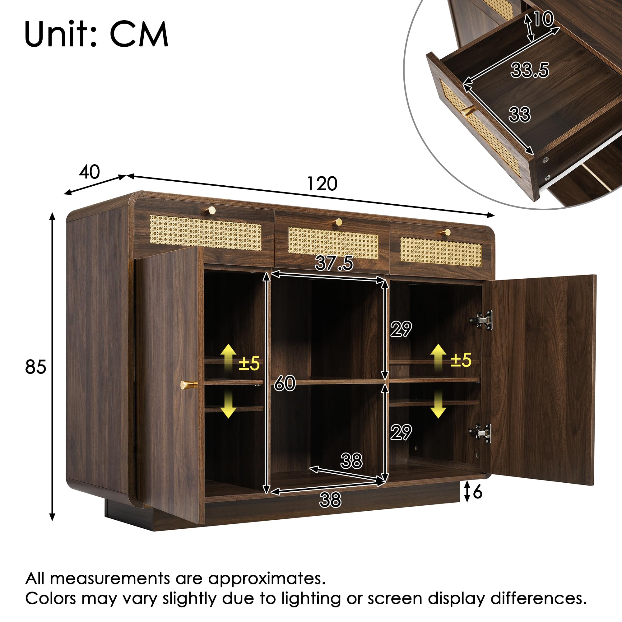 BTM Commode Sideboard 120cm Noyer, Armoire À Tiroirs avec Rotin & Poignées Dorées, 3 Tiroirs + 2 Armoires + Rangement Ouvert, Étagères Réglables, H85/B120/T40cm
