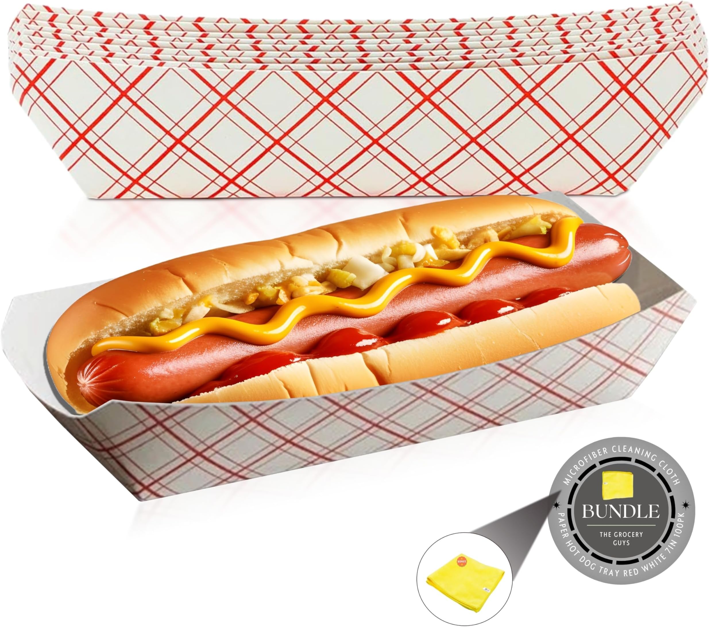 The Grocery GuysHotdog Food Trays (Pack of 100) 7 Inch, Red and White Checkered Patterns for Hotdogs, Nachos, Fries, Churros, Corn Dogs, Sausages and More. Bundle Microfiber Cleaning Cloth