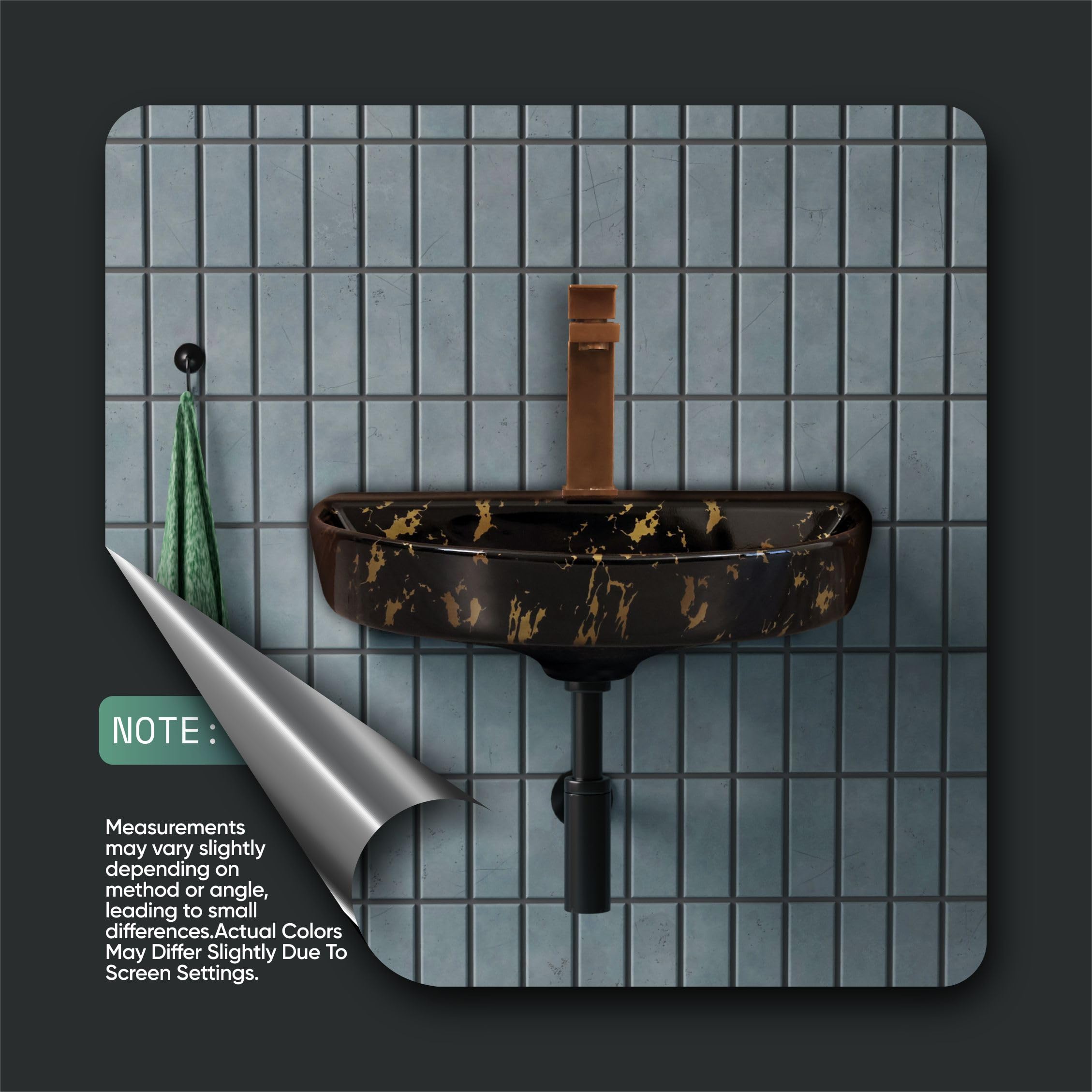 HISRE Wall Mount Wash Basin 18"x13"x5" | Modern Black and Brown Marble Design Ceramic Sink | Rectangular Bathroom Basin for Home, Office & Hotels, photo 5 of 5
