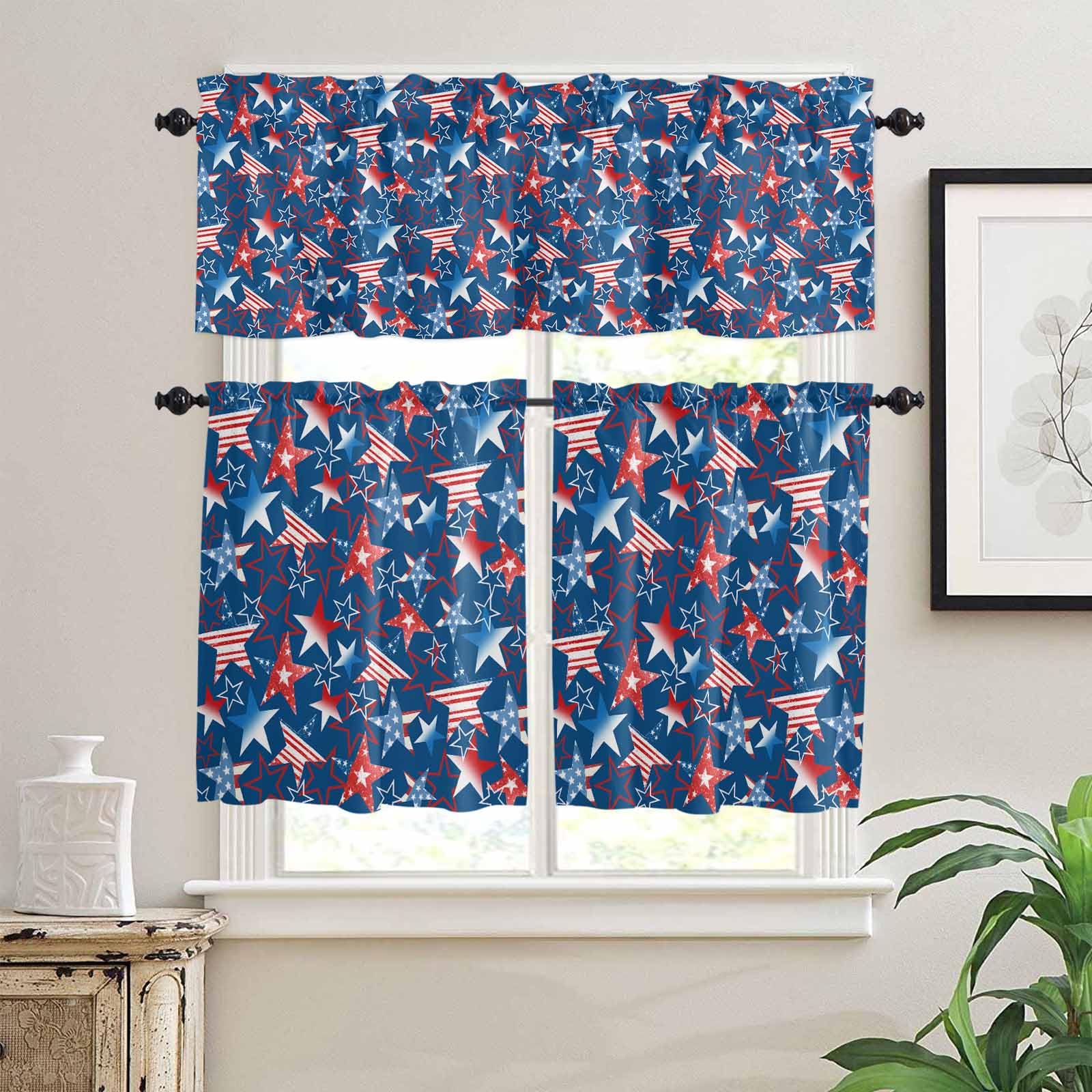 4th of July Kitchen Curtains 36 Inch Length,3 Piece Rod Pocket Small Half Tiers and Valance Set,Navy Blue Red Stars Independence Day Abstract Small Large Window Treatment Decor for Bedroom/Bathroom