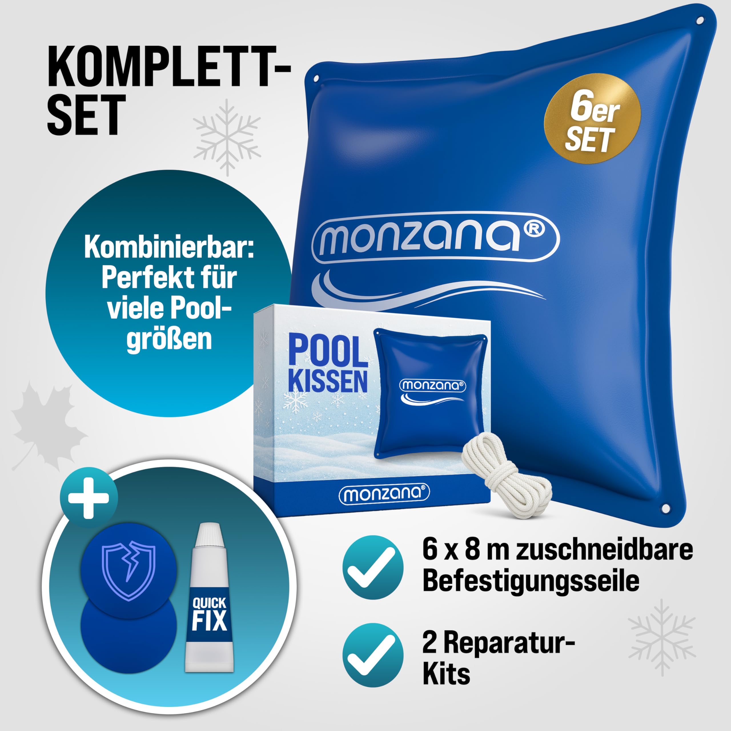 MONZANA® 6X Poolkissen Winter XL Chlorbeständig Seil PVC Verstärktes Material bis -20°C Doppelnaht Sicherheitsventil 4 Ösen Luftkissen Pool Abdeckung