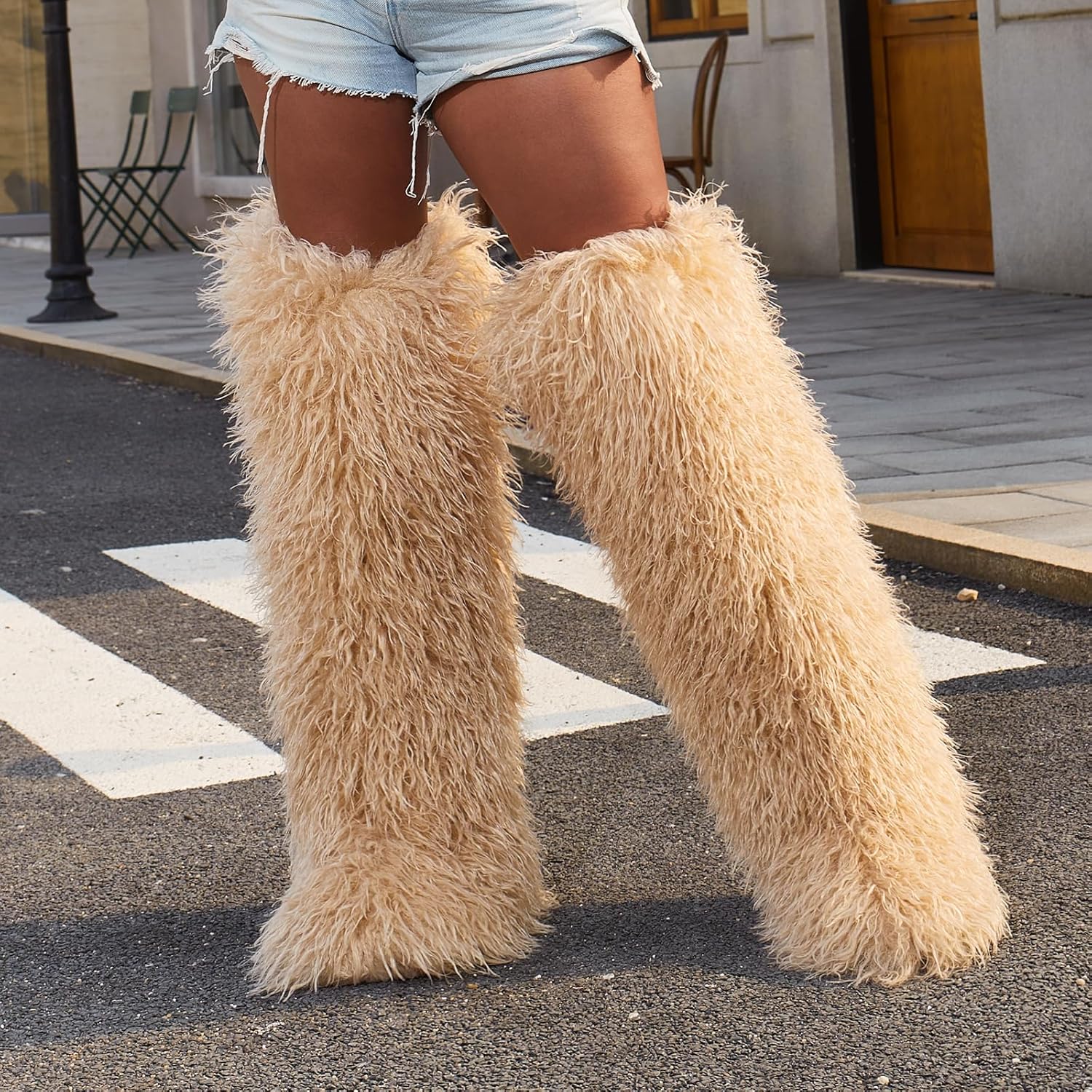 IXU Thigh High Fur Boots,Over the Knee Furry Boots for Women,Fuzzy Fluffy Tall Long Faux Boot Snow Winter Round Toe - Image 2