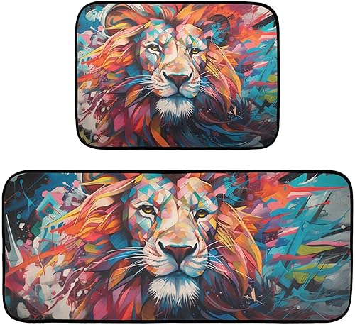 Miniatura 1 de Lion Head Colorful Kitchen Mat 2 Pcs Set, Low Pile Kitchen Rugs Cushioned Water Absorbent Washable Floor Mats for Kitchen Sink Laundry Room