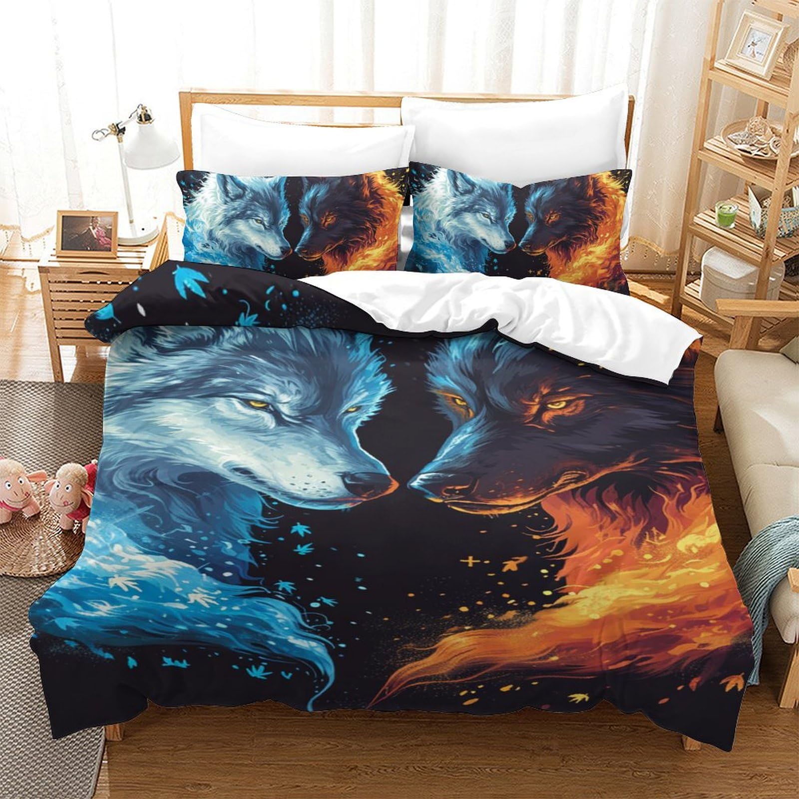 Parure de lit motif loup impression 3D microfibre douce 140x200 cm