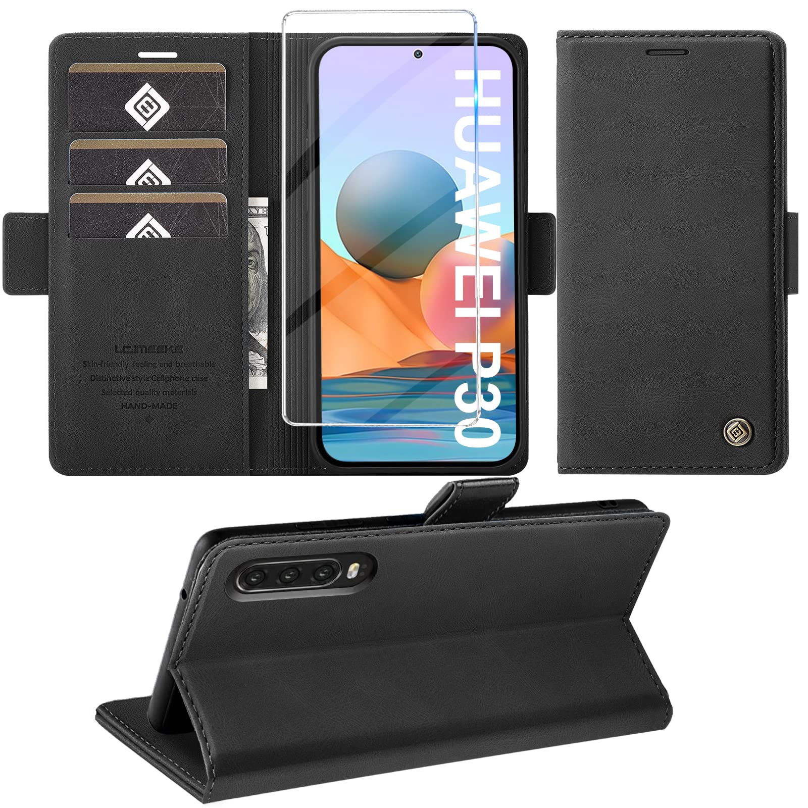Giyer Handyhülle für Huawei P30 Hülle mit Schutzfolie, Standfunktion Kartenfach Wallet Premium Leder Schutzhülle P30 Flip Case Cover Stoßfeste Klapphülle P30 6.1 Zoll