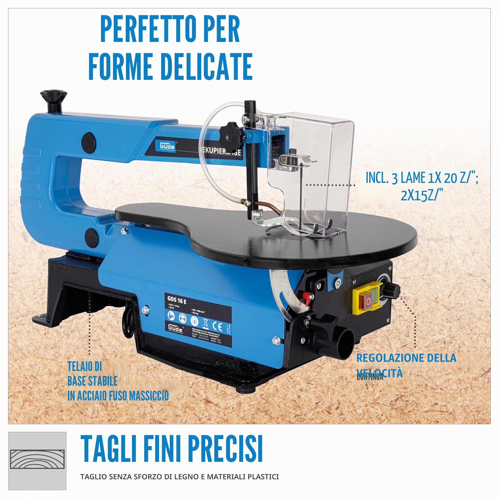 Güde - 54992 GDS 16 E - Seghetto alternativo 120 W, altezza massima di taglio 50 mm, lama 133 mm, profondità del tavolo
