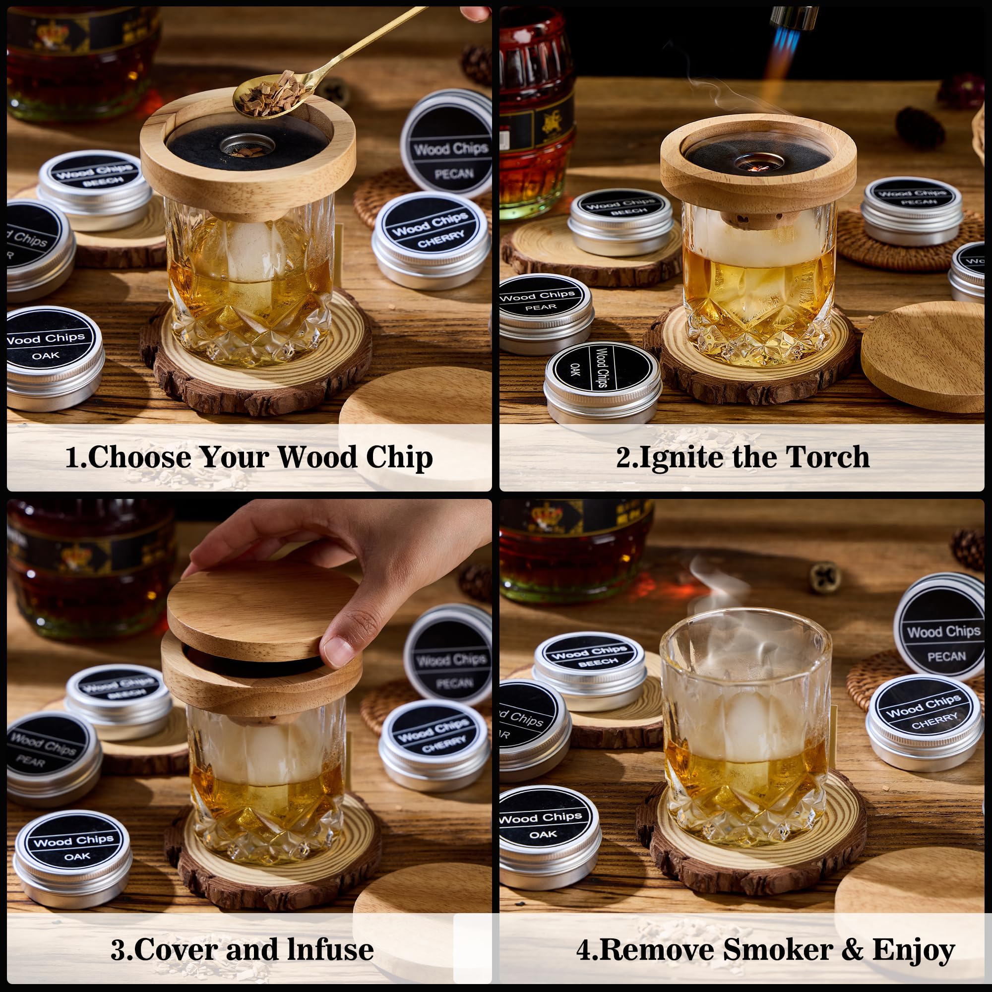 Jettory Cocktail Smoker Set - Whiskey Räucherbox Mit Brenner & 6 Holzchips Für Rauch-Cocktails