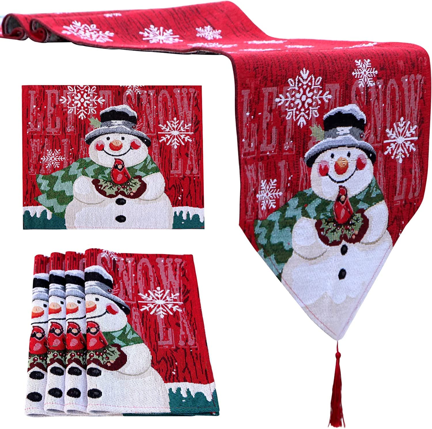 Jorunb Christmas Table Runner with 4 Matching Place Mats Set-Holiday Table Runners for Dining Room, Cardinal Snowflake Snowman Table Runner for Christmas Table Decorations (13x70 inch)