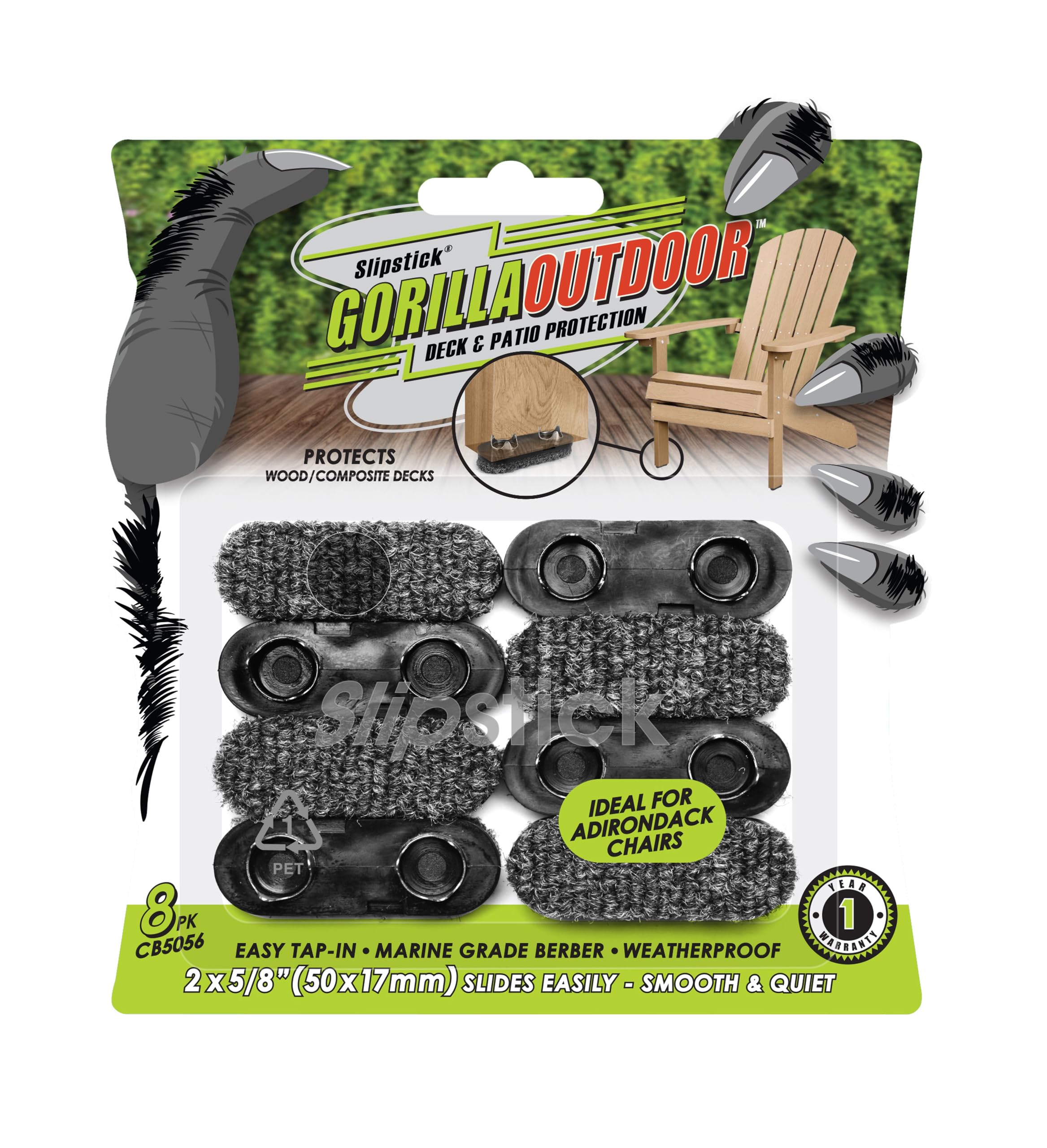 Slipstick GorillaOutdoor Berber Glides for Adirondack Chairs & Outdoor Furniture Feet (8 Pack) Tap on Outdoor Floor Protectors for Deck, Patio & Porch