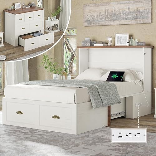 AMERLIFE Twin Size Murphy Bed, Farmhouse Wooden Cabinet with Charging Station and Storage Drawer for Bedroom/Office/Guest Room, White+Barnwood
