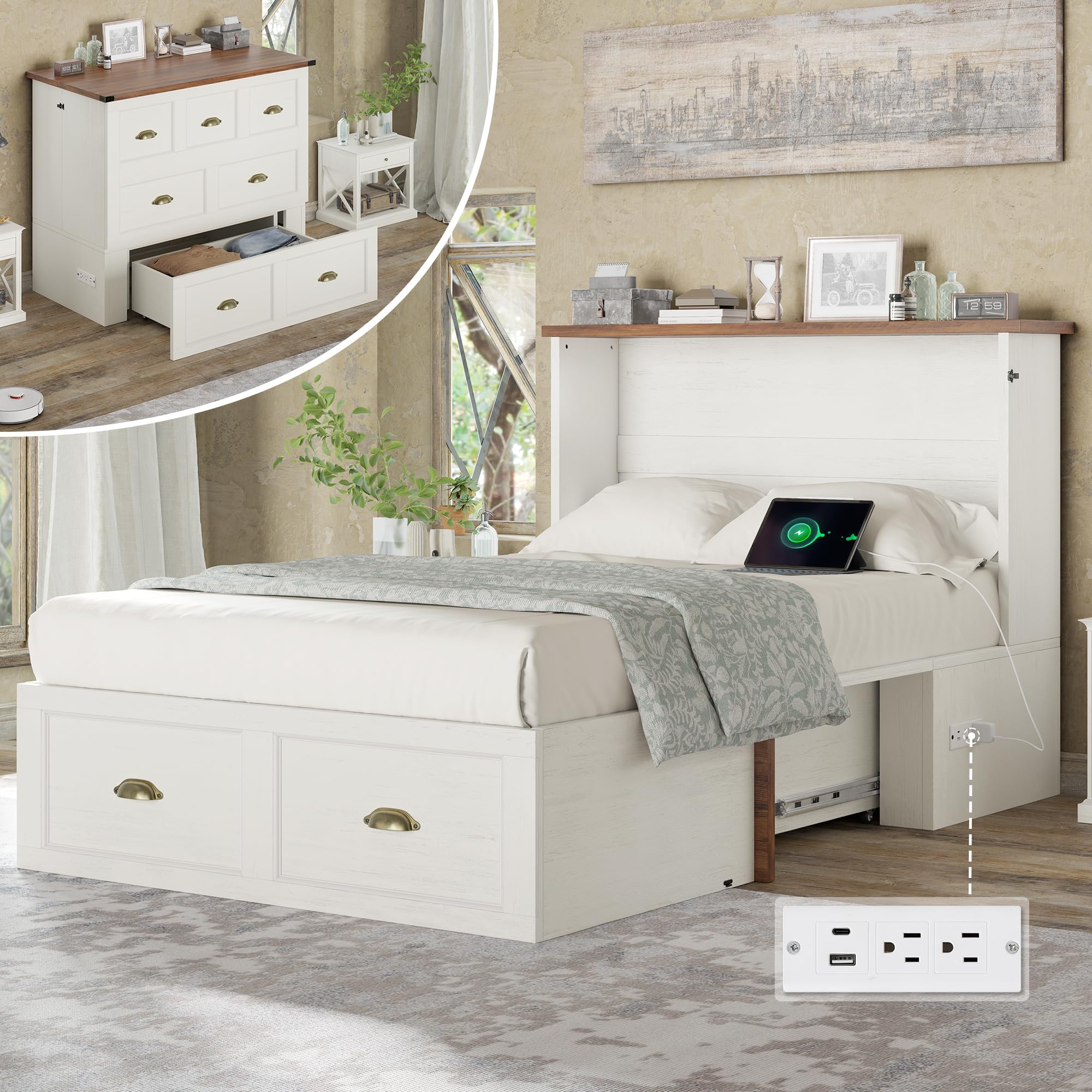 AMERLIFE Twin Size Murphy Bed Frame with Storage Drawer &amp; Charging Station