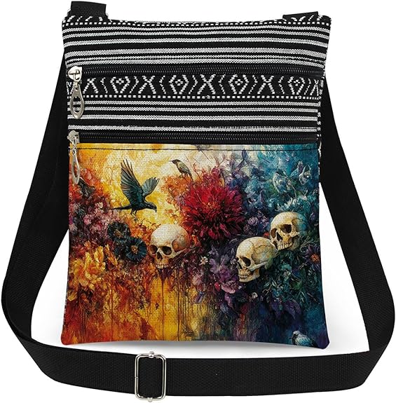 White Sugar Skulls Adjustable Strap Crossbody Bag Halloween Colorful Flowers Birds Print for Adults Messenger Bag Birthday Gift or Christmas Party Present for Friend
