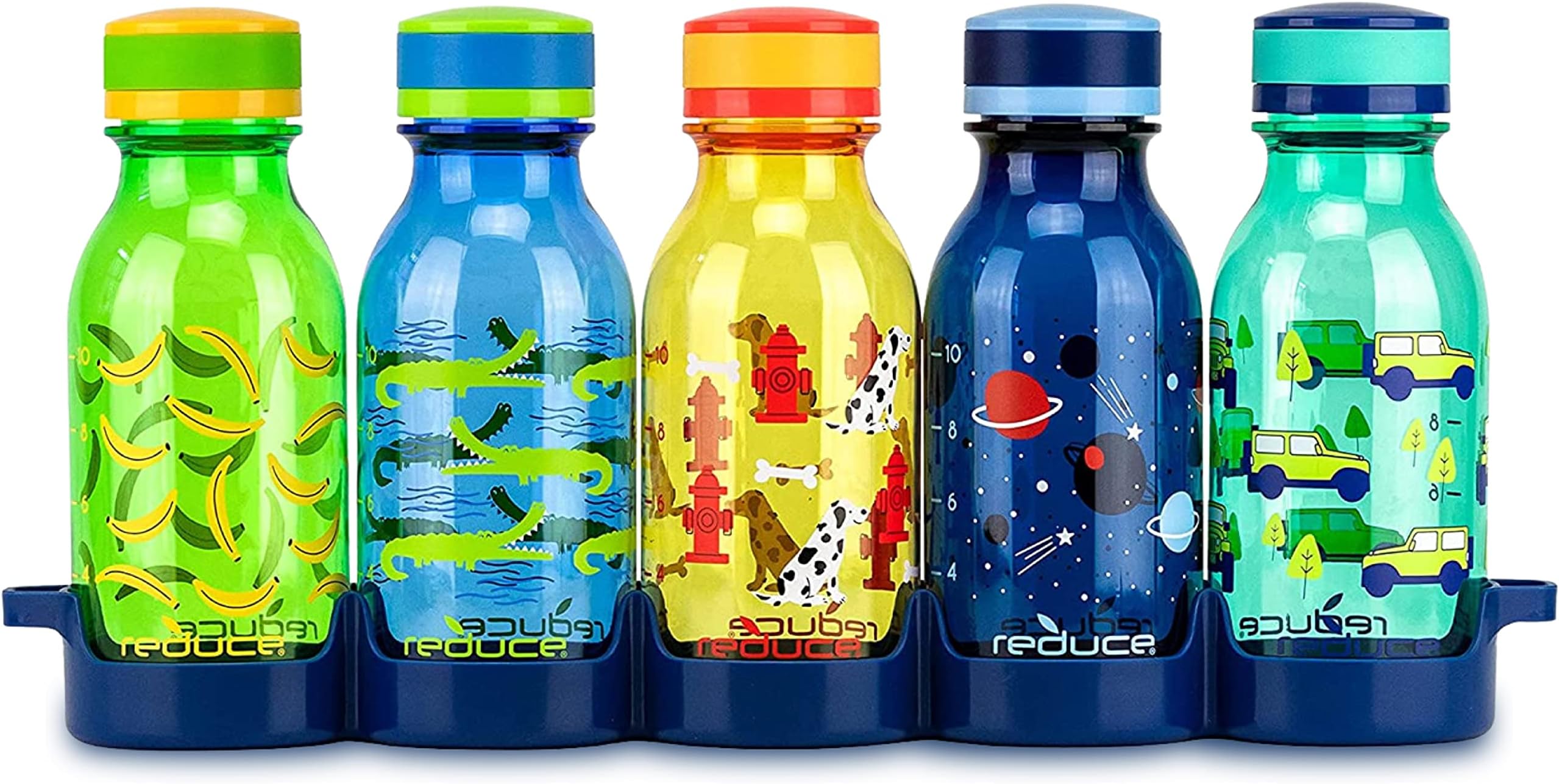 REDUCE WaterWeek 14 oz Refillable Tritan Plastic Water Bottles - Includes 5 Leak Proof Bottles and Fridge Tray - Ideal for School, Travel, and Home Use
