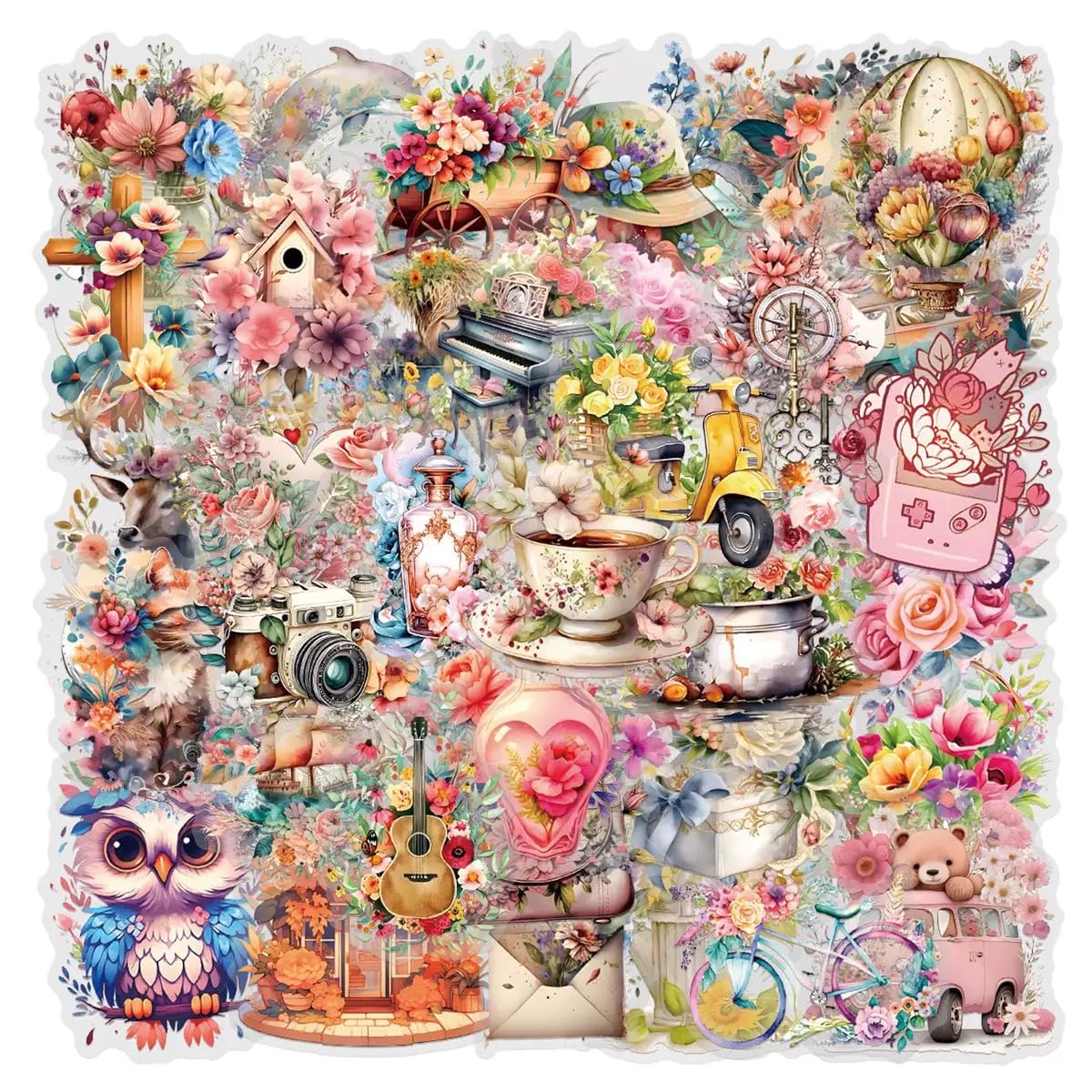 57Pcs Vintage Watercolor Floral Stickers, PET Transparent Stickers Waterproof, Journaling Stickers for Scrapbook, Planners, Laptop, Phone Case, Card Making, DIY Decoration — image 1