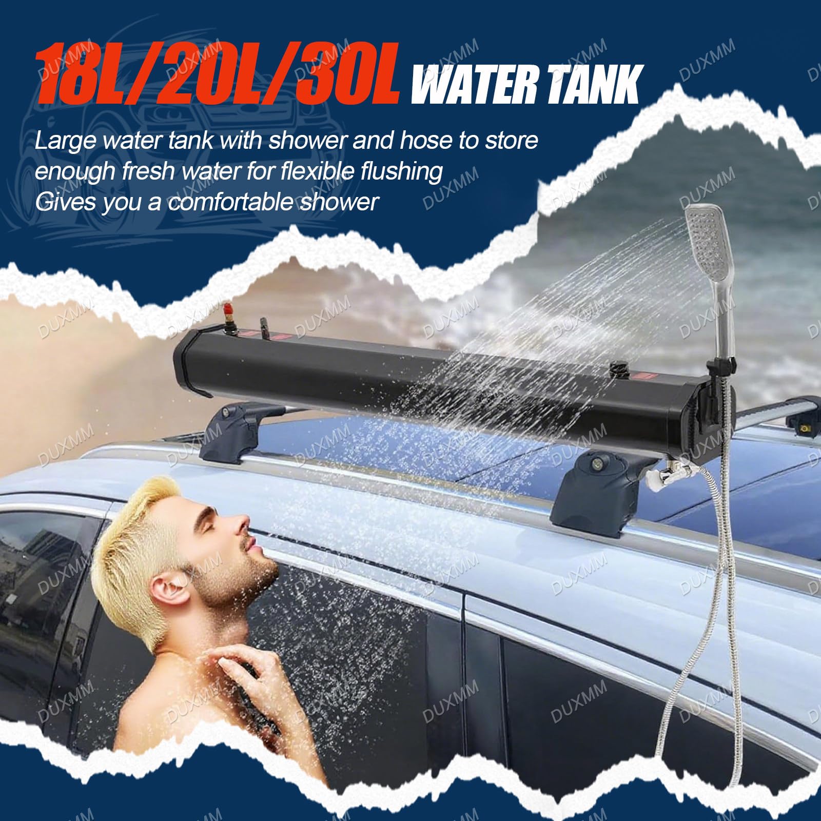 Réservoir d'eau pour galerie de Toit extérieure, Douche de Toit pour Tout-Terrain, avec Tuyau d'eau de 1,5 m et pommeau de Douche, pour SUV, Camping-Cars et véhicules Tout-Terrain 30L