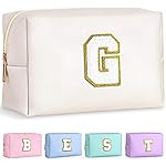 TOPEAST Travel Makeup Bag, Personalized Initial Toiletry Bag w Zipper, Cute Makeup Pouch, PU Leather Waterproof Cosmetic Bag, Birthday Gift for Daughter, Preppy Things for Girls (White G)