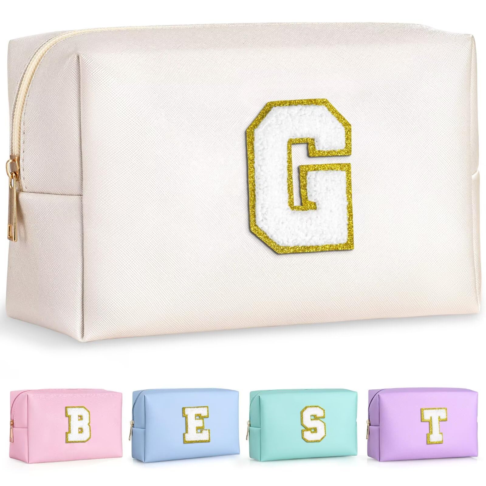 TOPEAST Travel Makeup Bag, Personalized Initial Toiletry Bag w Zipper, Cute Makeup Pouch, PU Leather Waterproof Cosmetic Bag, Birthday Gift for