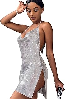 Falainetee Women's Metallic V Neck Backless Chain Cami Party Dress