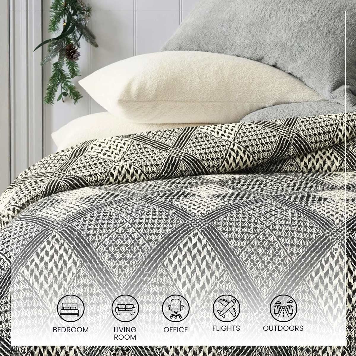 SASHAA WORLD Unique Geometric Throw Bedcover | Throw Bedspreads, Perfect for Lounging, Cotton Bedsheet | Black/Grey Bedcover | 80 x 60 inch 3