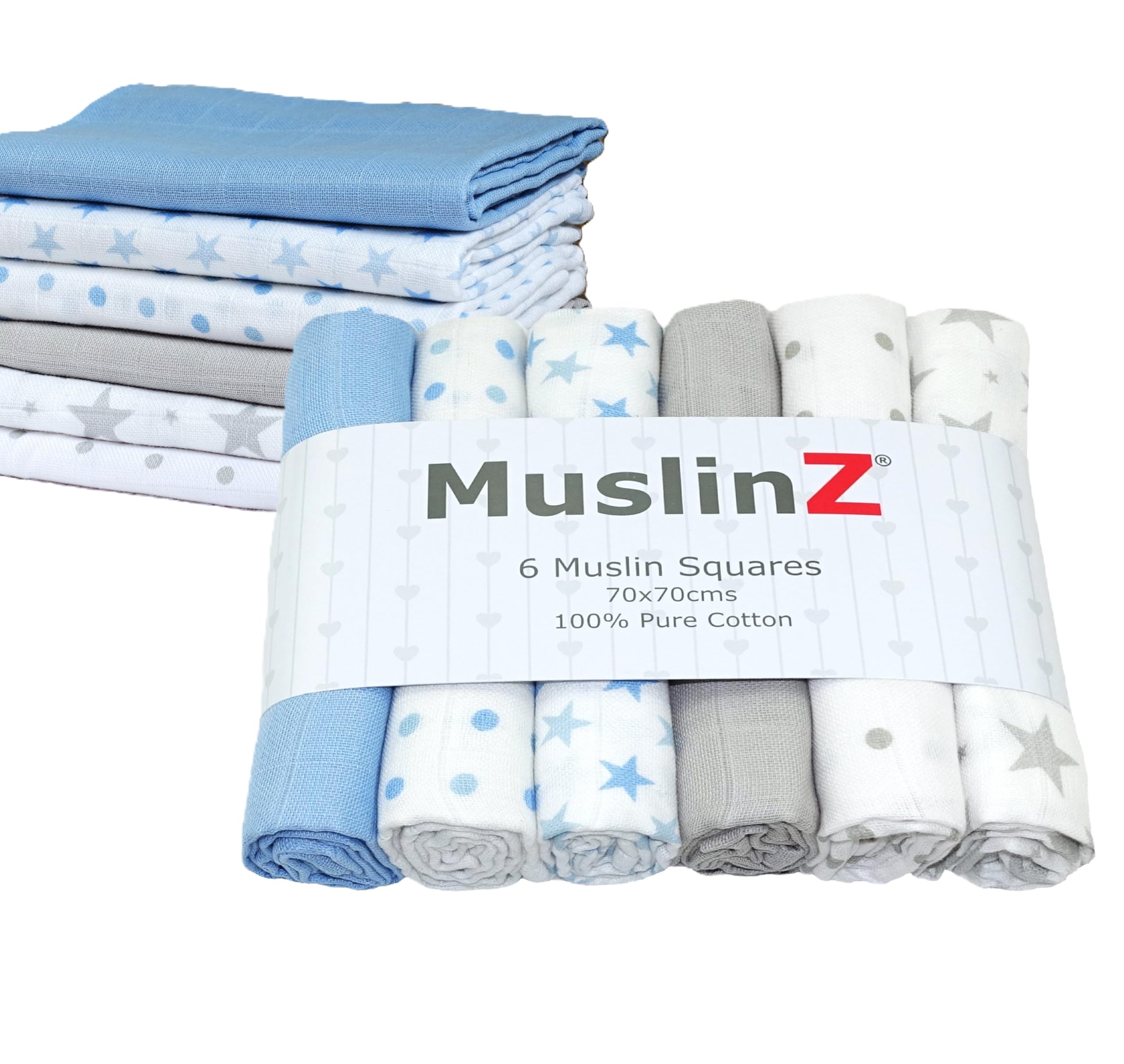 MuslinZ 6pk Baby Muslin Squares - Baby Burp Cloths - Muslins for Baby -100% Pure Soft Cotton - 70x70cm - Newborn Baby Essential (Bright Blue And Grey Mix)