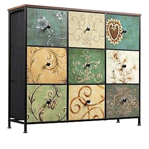 Cómoda con 9 cajones, aparador bohemio con tablero de madera y estructura de metal, mueble de TV con cajones de tela, cómoda para salón, dormitorio, pasillo