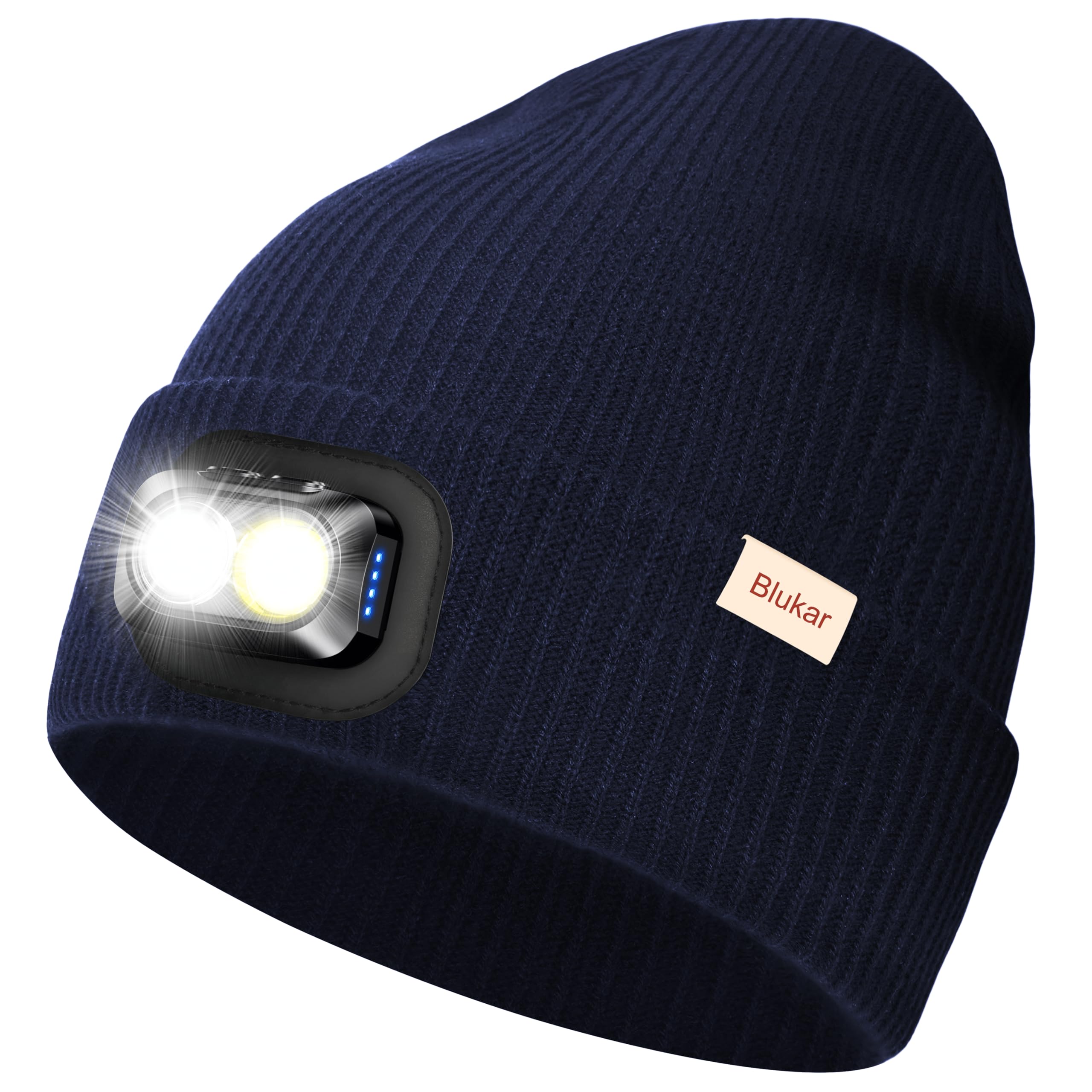 Blukar LED Beanie Beleuchtete Mütze mit Licht, 2 in 1 Extrem Helle Laufmütze mit Lampe, 5 Lichtmodi, Wiederaufladbar, Winter Warme Stirnlampe Geschenke für Damen Herren, inkl. Stirnband, Marineblau