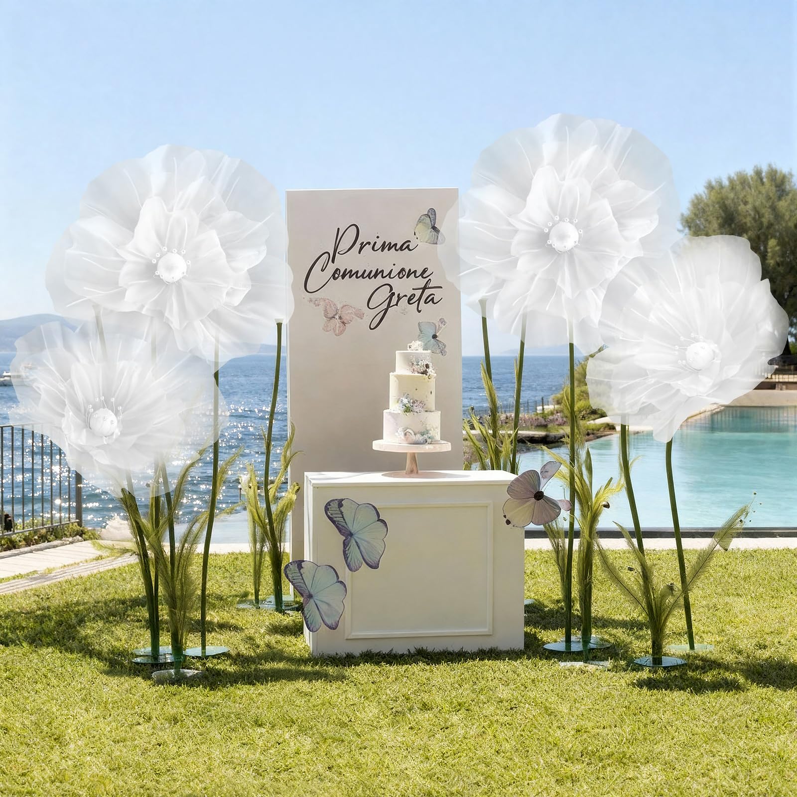 Photo 1 of FineCheer 4 Pcs Wedding Giant Flowers Decorations 24 Inch 16 Inch 3D Large Silk Flowers Artificial Faux Floral Backdrop for Wedding Graduation Bridal Shower Birthday Party Supplies(White)