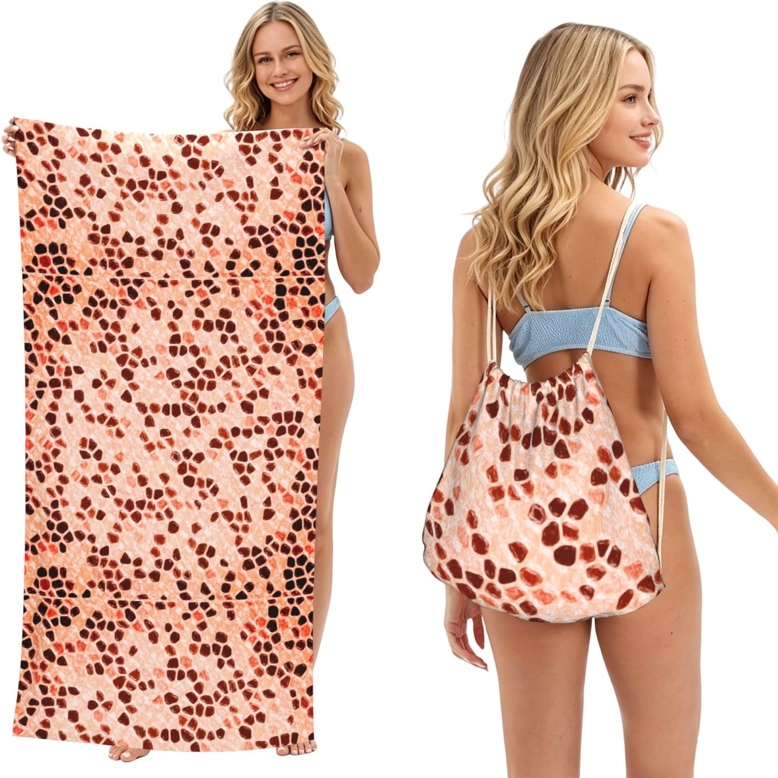 Poadnly As Picture Brown Beige Pink Coral Orange, 2 In 1 Packable Towel Bag, Beach Towels With Drawstring Backpack For Travel Holiday Camping