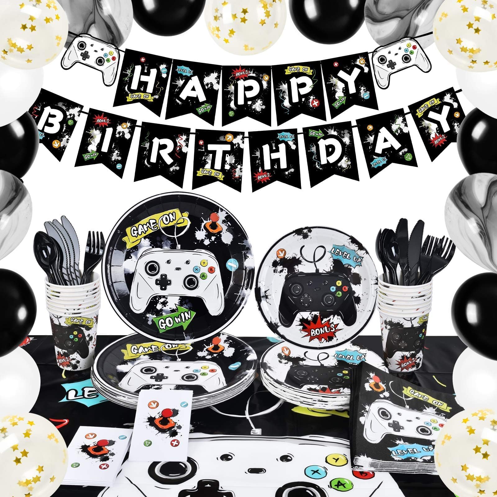 WERNNSAI Gaming Birthday Party Decorations - 153 PCS Video Game Party Supplies for Boys Birthday Banners Balloons Plates Cups Napkins Tablecloth
