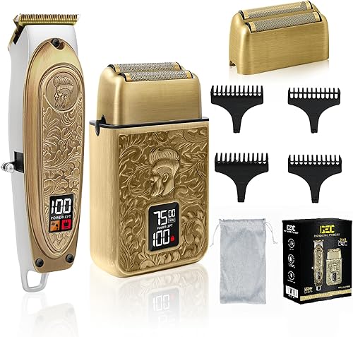 GEC Kit profesional de afeitado eléctrico y peluquero para hombre, afeitadora de papel de aluminio, cuchillas en T de titanio, recortadora