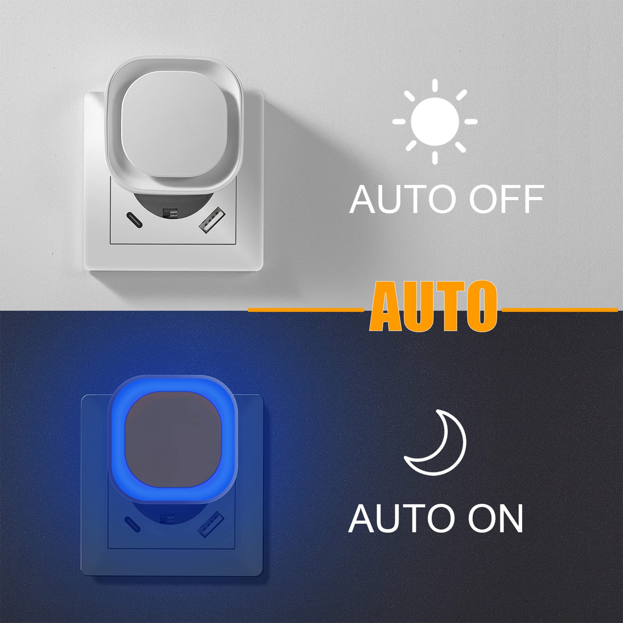YUNLEX Presa di Luce Notturna con Sensore Crepuscolare, 3 livelli di luminosità regolabile per Camera dei Bambini, Bagno, Corridoio, Cucina, Scale, Blu