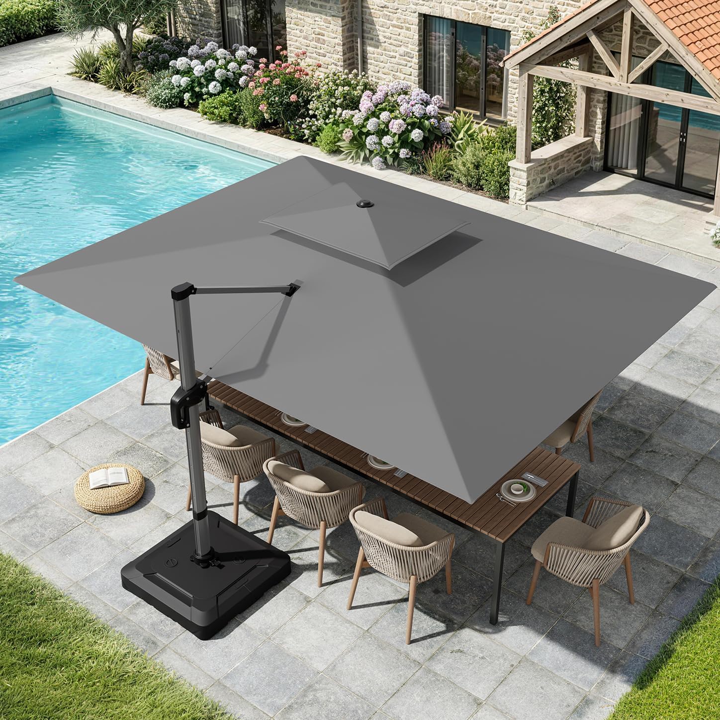UDPATIO Sonnenschirm 400 x 300 cm Rechteckig mit Ständer, Ampelschirm Groß Aluminium, Marktschirm - Doppeldach, Gartenschirm 360° mit Kurbel, Balkonschirm, Sonnenschutz UV50+, (Grau Wasserdicht)