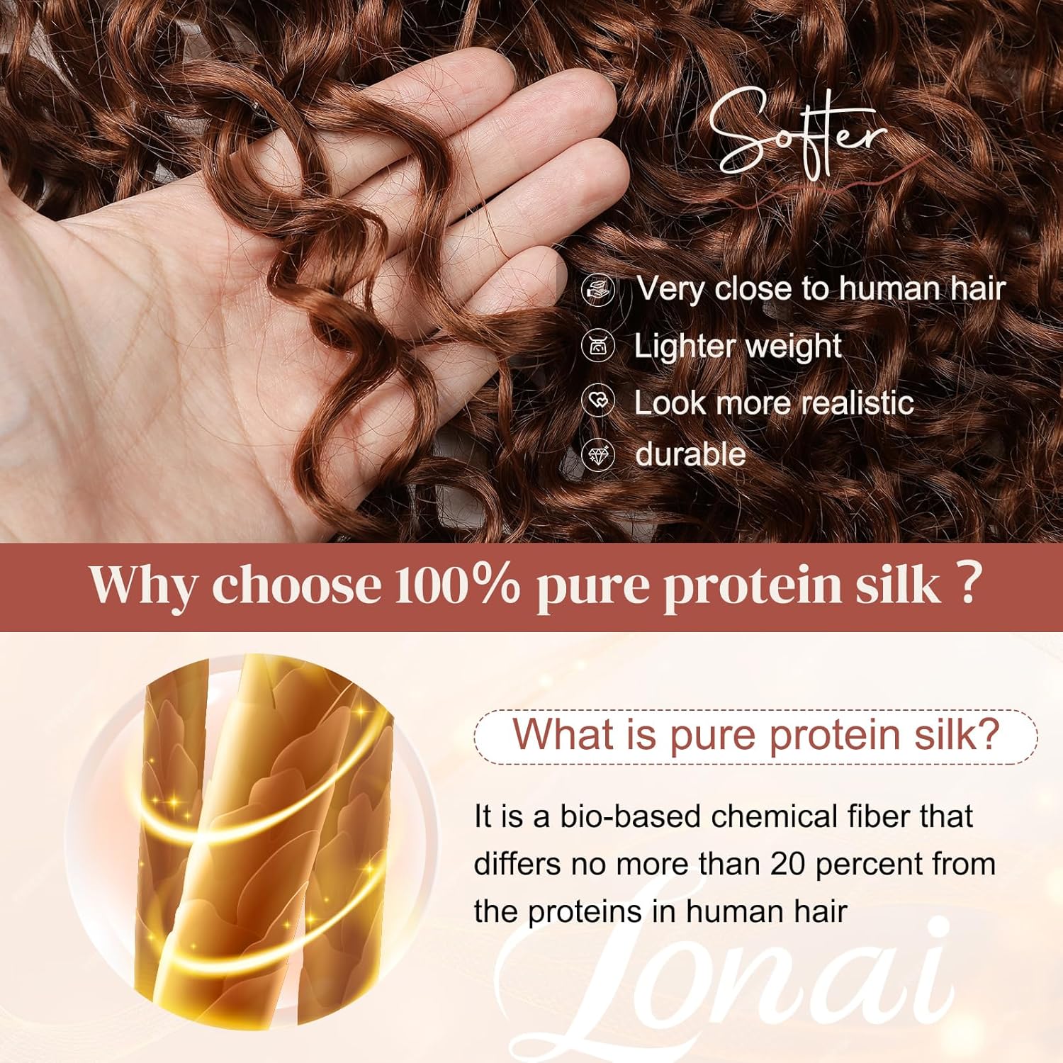 LONAI 4PC Clip in Hair Extensions, 100% Pure Protein Silk Curly Hair Extension for Women, 26 Inch Long Soft Natural Hair Extensions-Copper Red - Image 3