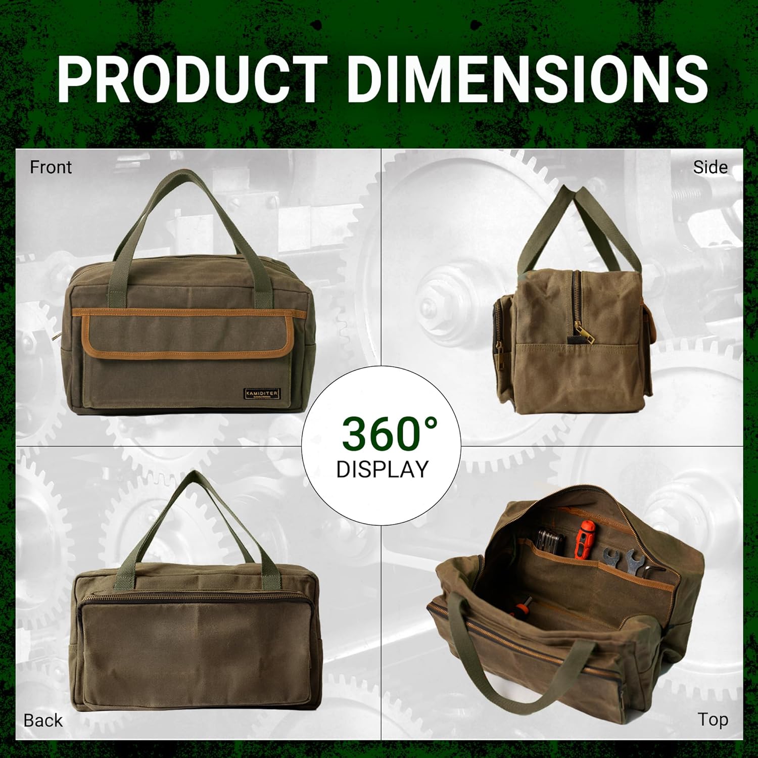 Retro Handled Utility Small Tote with Contrasting Color Accents- All Purpose Tool Bag for Work/Home/Car Storage (ArmyGreen)
