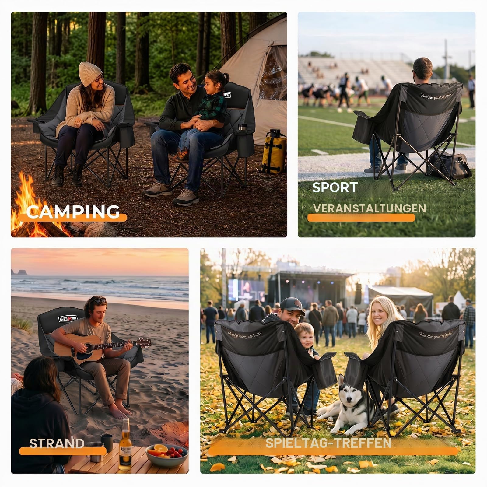 Overmont Übergroßer Klappbar Campingstuhl Campingsofa - bis 204KG Belastbar - Faltbar Campingsessel Gepolstert mit Getränkehalter Kühltasche hoher Rückenlehne für Outdoor Indoor Camping Garten Schwarz