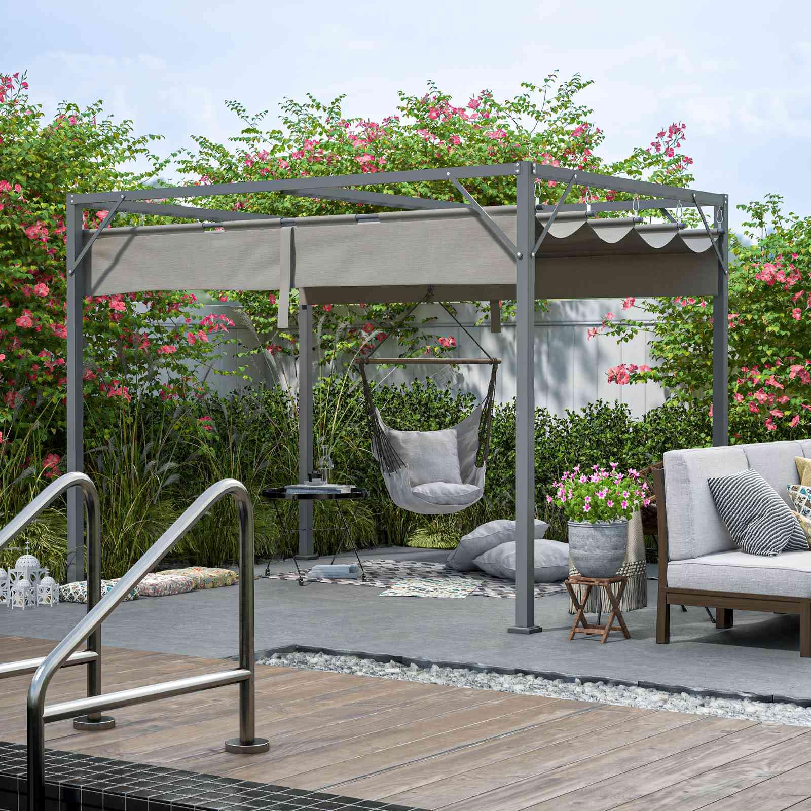 Steel Frame Pergola Gazebo 180g PE Polyester UV-Resistant Backyard Garden Sun Shade Roof Shelter Porch Awning Retractable Slide Canopy Outdoor Grape Trellis Patio 3X2M Grey