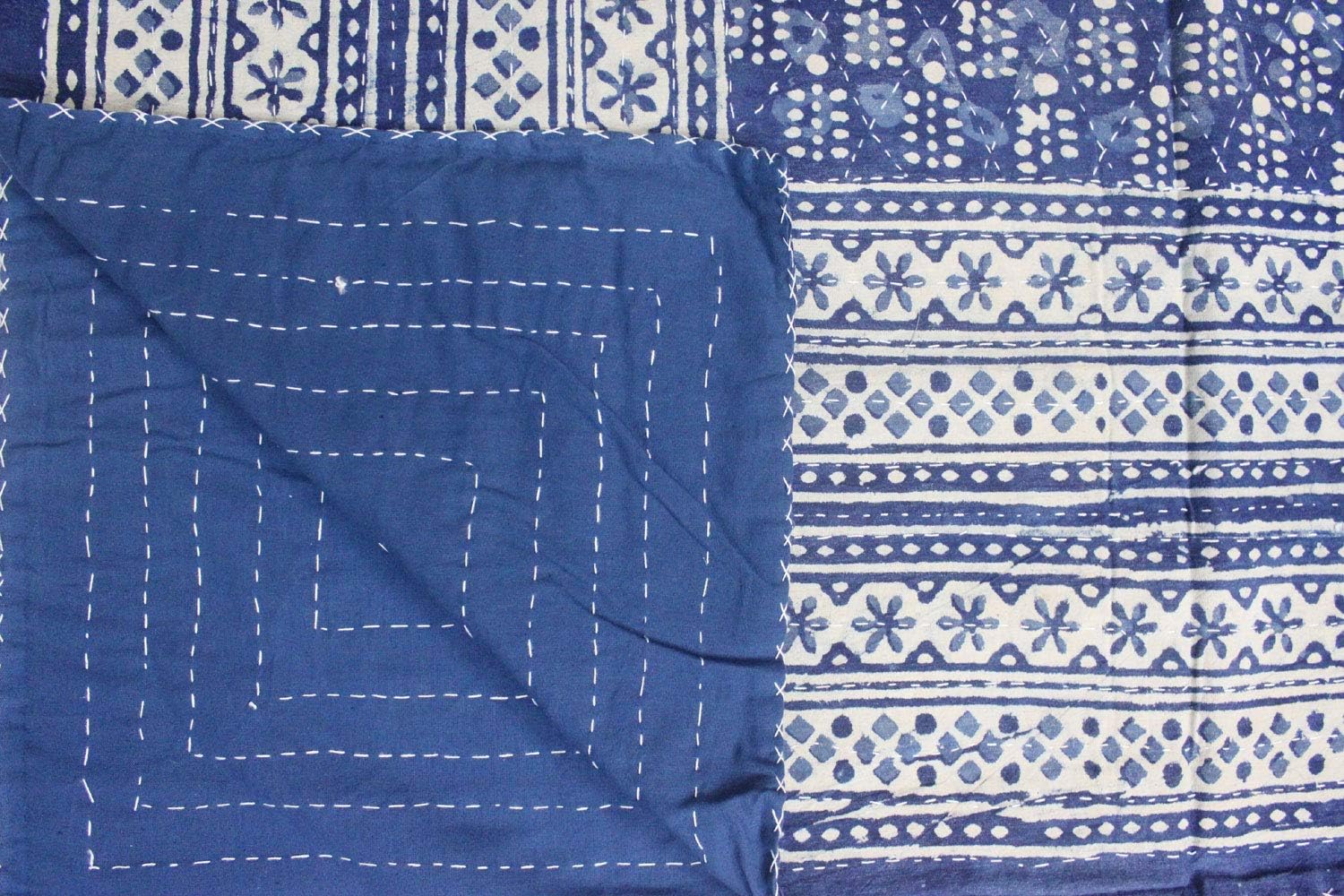 Mango Gifts Indigo Kantha Work Bedspread Queen Size Block Print 100% Cotton Gudari