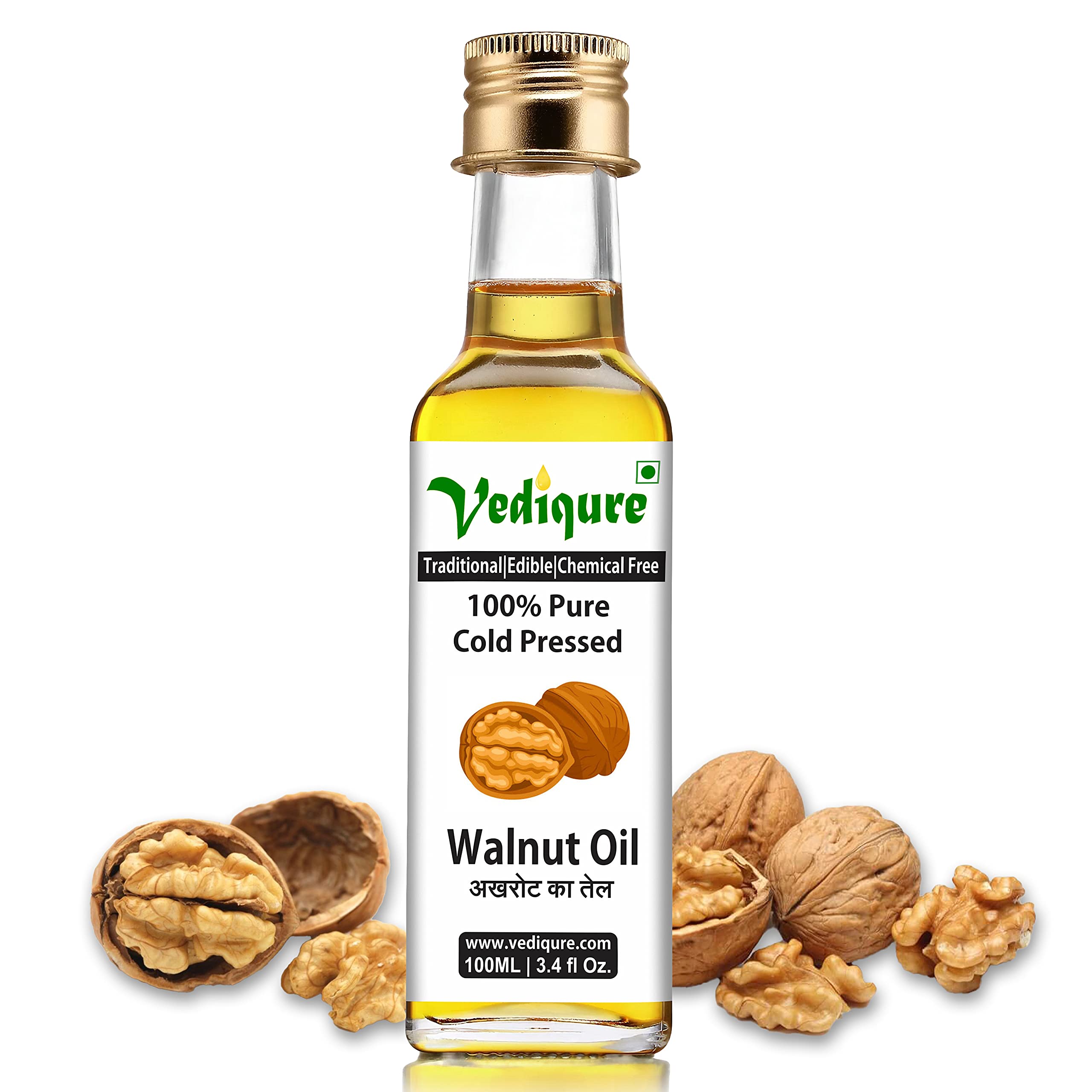Vediqure Walnut Oil | 100% Pure Natural Cold Pressed Edible Akhrot Ka Tel | Glass Bottle 100ml (100 ml (Pack of 1))