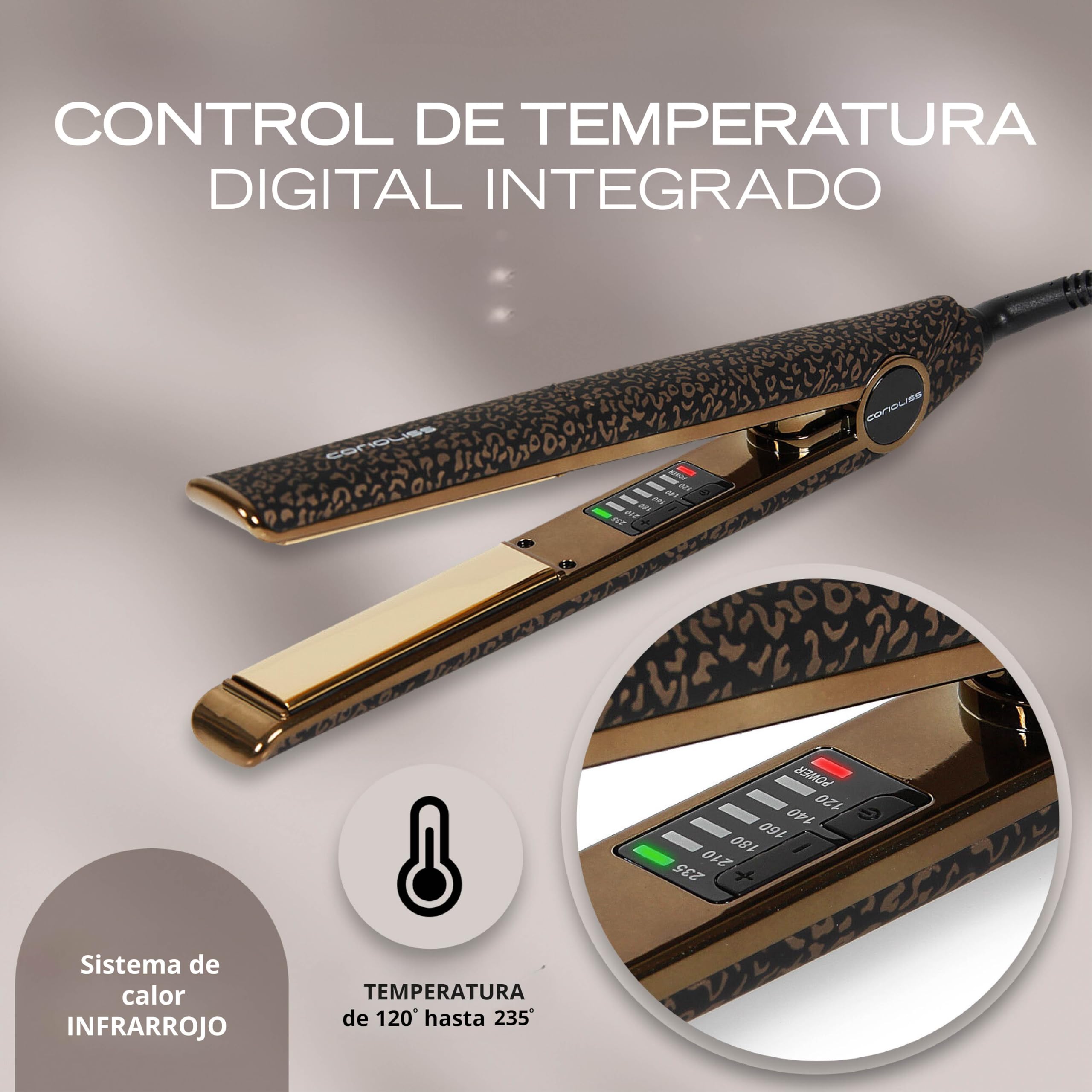 Corioliss C1 | Plancha del pelo Profesional | Placas de titanio | Alisado y Ondas | Temperatura ajustable 120º-235º | Calentamiento 20 seg | Con funda de Viaje | Leopard Gold