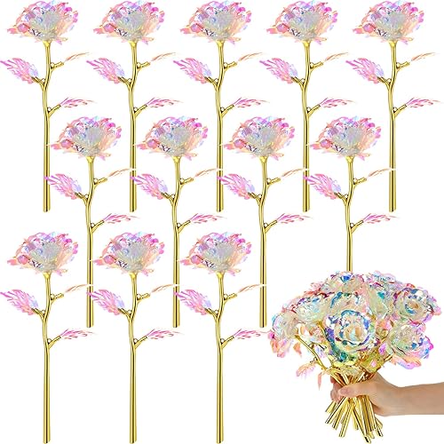 Lyrow 12 rosas de galaxia, regalo para el día de San Valentín, flores con tallos, regalo para ella, rosa de cristal falsa preservada para siempre,