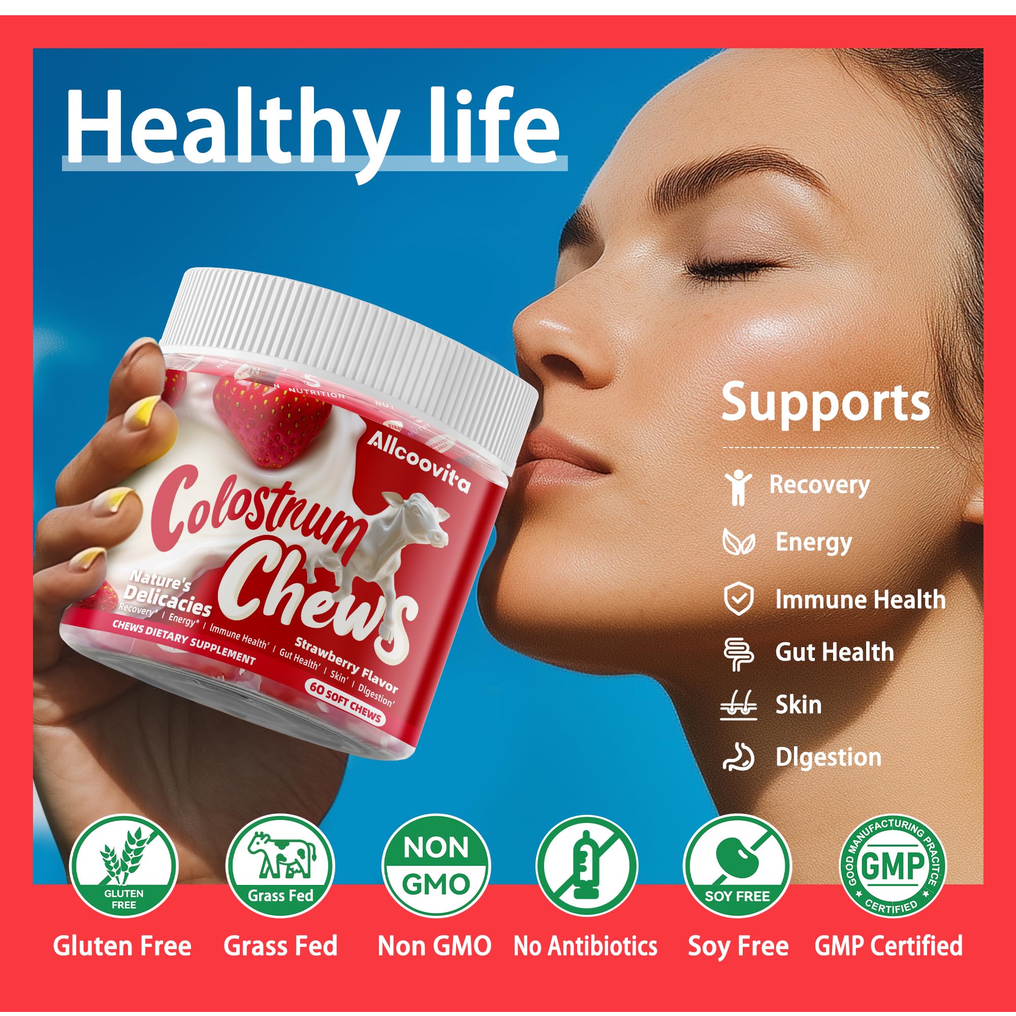 Bovine Colostrum Chews Supplement with probiotics for Gut Health, Bloating, Immune Support, Skin, Hair Growth and Beauty - Strawberry Flavor (60 Servings)