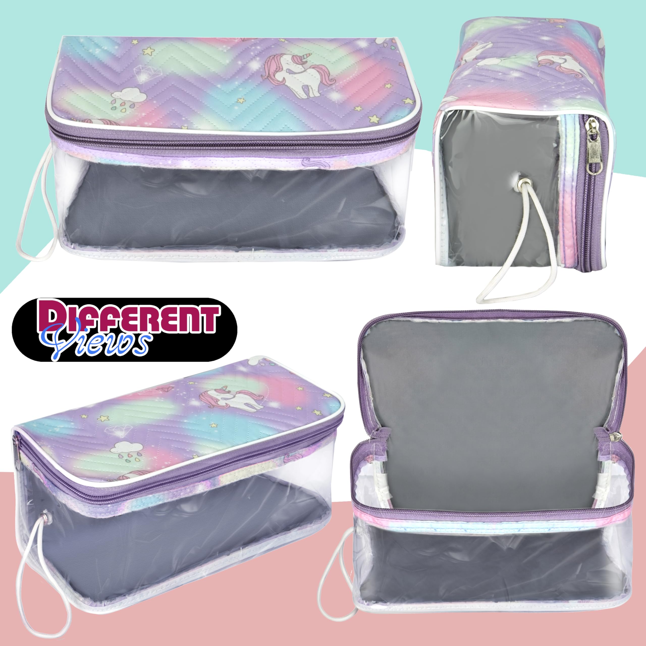 Storite Levendar - Bolsa transparente para cosméticos con estampado de unicornio, organizador de maquillaje, accesorios de joyería, bolsa de aseo con cremallera y asa para mujeres, accesorios de viaje