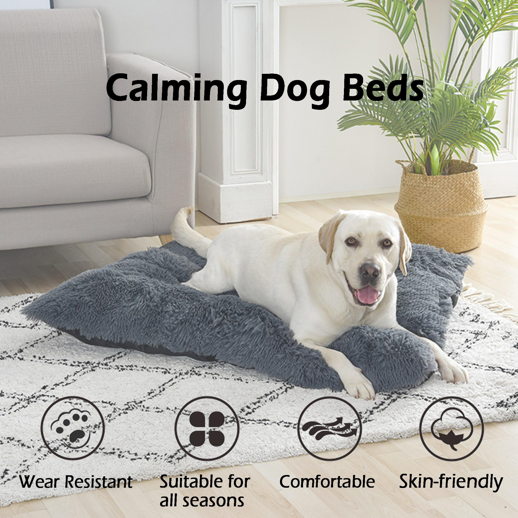 Materasso per gabbia per cani extra large, anti-ansia, con fondo antiscivolo, morbido cuscino in peluche per cani, lavabile, calmante, cuccia per animali domestici, 122 x 85 x 12 cm, grigio1